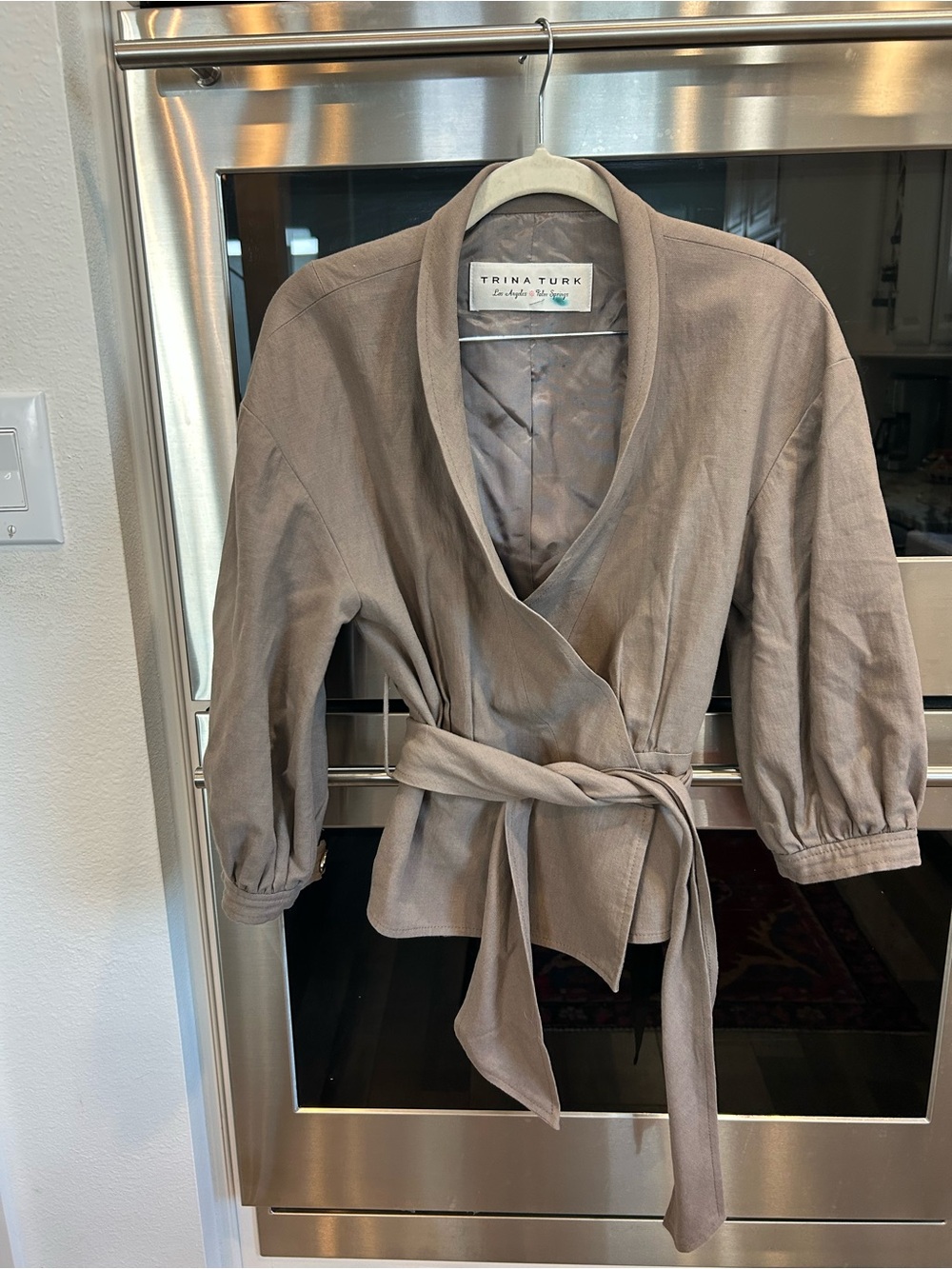 Trina Turk Taupe Wrap Blazer no size tag 2? Missing button overall GUC